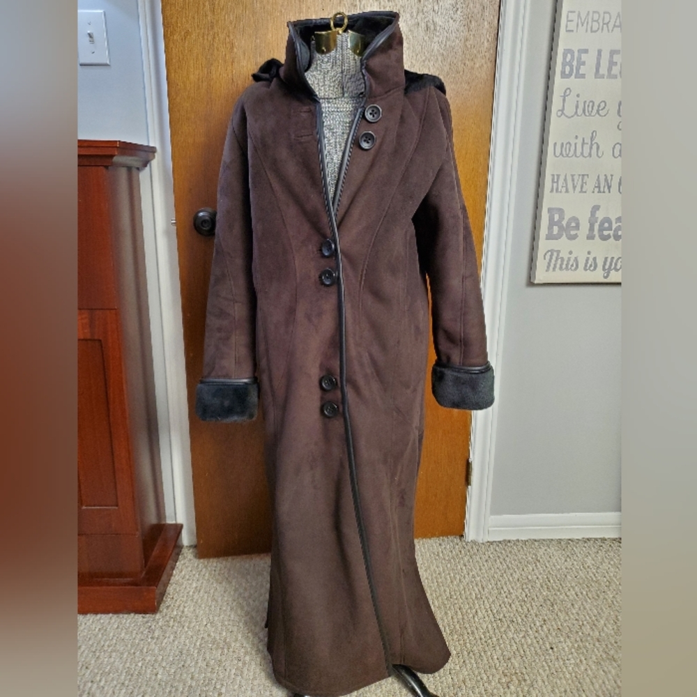 Long Brown Faux Suede, hooded Jacket